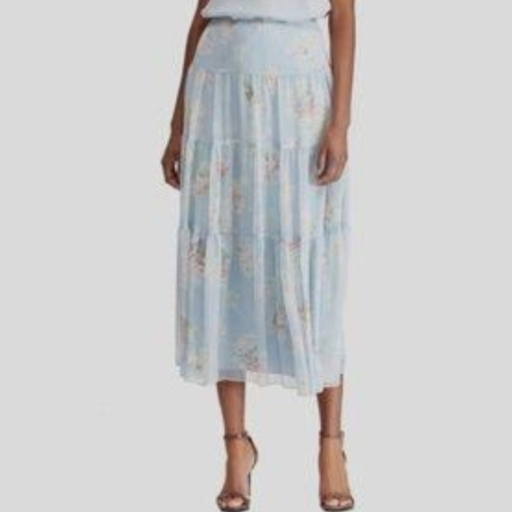 Lauren Ralph Lauren Colorful Floral Georgette Tiered Skirt. - Blue Floral Size 4